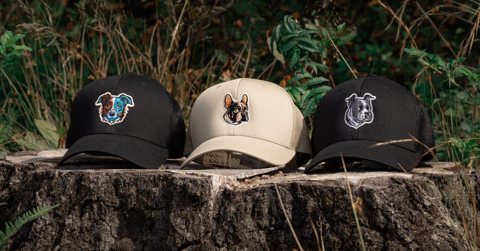 Czapki z daszkiem Wild and Alive leżące na konarze drzewa